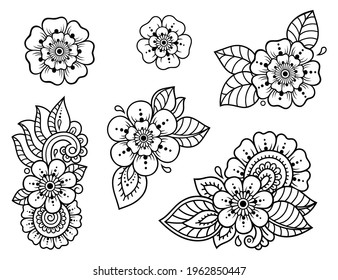 Set of Mehndi flower pattern for Henna drawing and tattoo. Decoration in ethnic oriental, Indian style. Doodle ornament. Outline hand draw vector illustration.