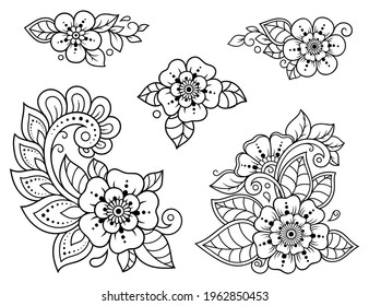 Set of Mehndi flower pattern for Henna drawing and tattoo. Decoration in ethnic oriental, Indian style. Doodle ornament. Outline hand draw vector illustration.
