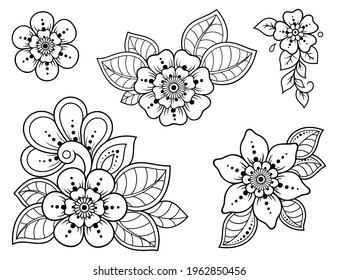 Set of Mehndi flower pattern for Henna drawing and tattoo. Decoration in ethnic oriental, Indian style. Doodle ornament. Outline hand draw vector illustration.