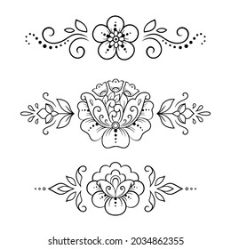 Set of Mehndi flower pattern for Henna drawing and tattoo. Decoration in ethnic oriental, Indian style. Doodle ornament. Outline hand draw vector illustration.
