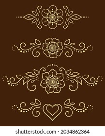 Set of Mehndi flower pattern for Henna drawing and tattoo. Decoration in ethnic oriental, Indian style. Doodle ornament. Outline hand draw vector illustration.