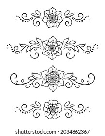 Set of Mehndi flower pattern for Henna drawing and tattoo. Decoration in ethnic oriental, Indian style. Doodle ornament. Outline hand draw vector illustration.