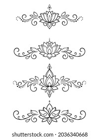 Conjunto de motivos florales de Mehndi para el dibujo y tatuaje de Henna. Decoración de estilo étnico oriental, indio. Ornamento de perro. Ilustración vectorial de dibujo manual de contorno.
