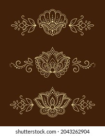 Set of Mehndi flower pattern for Henna drawing and tattoo. Decoration in ethnic oriental, Indian style. Doodle ornament. Outline hand draw vector illustration.
