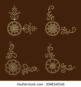 Set of Mehndi flower pattern for Henna drawing and tattoo. Decoration in ethnic oriental, Indian style. Doodle ornament. Outline hand draw vector illustration.