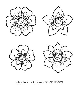 Set of Mehndi flower pattern for Henna drawing and tattoo. Decoration in ethnic oriental, Indian style. Doodle ornament. Outline hand draw vector illustration.
