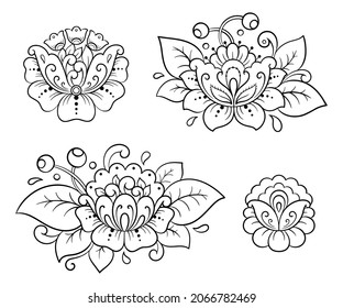 Set of Mehndi flower pattern for Henna drawing and tattoo. Decoration in ethnic oriental, Indian style. Doodle ornament. Outline hand draw vector illustration.