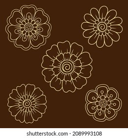 Set of Mehndi flower pattern for Henna drawing and tattoo. Decoration in ethnic oriental, Indian style. Doodle ornament. Outline hand draw vector illustration.