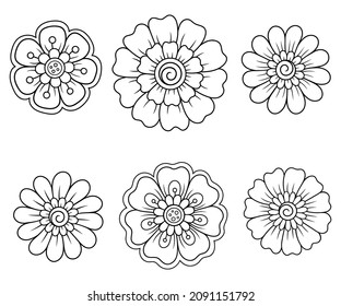 Conjunto de motivos florales de Mehndi para el dibujo y tatuaje de Henna. Decoración de estilo étnico oriental, indio. Ornamento de perro. Ilustración vectorial de dibujo manual de contorno.