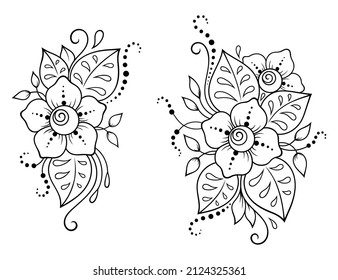Set of Mehndi flower pattern for Henna drawing and tattoo. Decoration in ethnic oriental, Indian style. Doodle ornament. Outline hand draw vector illustration.