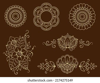 Set of Mehndi flower pattern for Henna drawing and tattoo. Decoration in ethnic , Indian style. Doodle ornament. Outline hand draw vector illustration.
