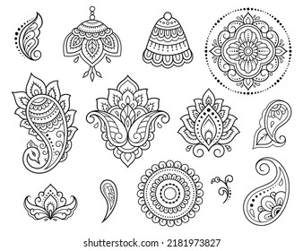 Set of Mehndi flower pattern for Henna drawing and tattoo. Decoration in ethnic oriental, Indian style. Doodle ornament. Outline hand draw vector illustration.