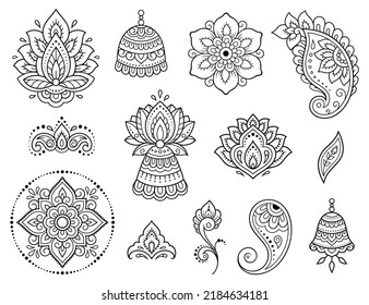 Set of Mehndi flower pattern for Henna drawing and tattoo. Decoration in ethnic oriental, Indian style. Doodle ornament. Outline hand draw vector illustration.