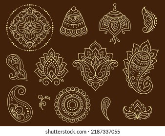 Set of Mehndi flower pattern for Henna drawing and tattoo. Decoration in ethnic oriental, Indian style. Doodle ornament. Outline hand draw vector illustration.
