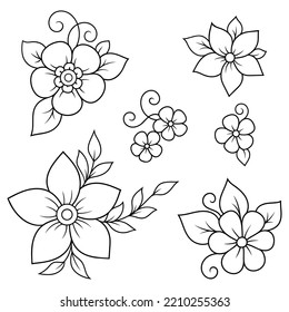 Set of Mehndi flower pattern for Henna drawing and tattoo. Decoration in ethnic oriental, Indian style. Doodle ornament. Outline hand draw vector illustration.