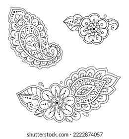 Set of Mehndi flower pattern for Henna drawing and tattoo. Decoration in ethnic oriental, Indian style. Doodle ornament. Outline hand draw vector illustration.