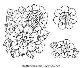 Set of Mehndi flower pattern for Henna drawing and tattoo. Decoration in ethnic oriental, Indian style. Doodle ornament. Outline hand draw vector illustration.