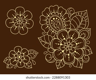 Set von Mehndi Blumenmuster für Henna Zeichnung und Tattoo. Dekoration im orientalischen, indischen Stil. Doodle-Ornament. Umfassende Hand ziehen Vektorgrafik.