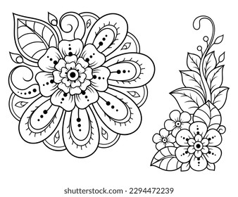 Set of Mehndi flower pattern for Henna drawing and tattoo. Decoration in ethnic oriental, Indian style. Doodle ornament. Outline hand draw vector illustration.