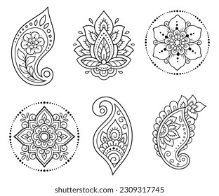Set von Mehndi Blumenmuster für Henna Zeichnung und Tattoo. Dekoration im orientalischen, indischen Stil. Doodle-Ornament. Umfassende Hand ziehen Vektorgrafik.