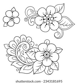 Set von Mehndi Blumenmuster für Henna Zeichnung und Tattoo. Dekoration im orientalischen, indischen Stil. Doodle-Ornament. Umfassende Hand ziehen Vektorgrafik.