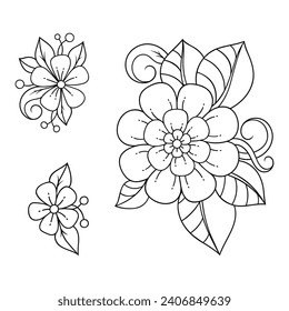 Set of Mehndi flower pattern for Henna drawing and tattoo. Decoration in ethnic oriental, Indian style. Doodle ornament. Outline hand draw vector illustration.