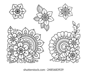 Set of Mehndi flower pattern for Henna drawing and tattoo. Decoration in ethnic oriental, Indian style. Doodle ornament. Outline hand draw vector illustration.