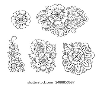 Set of Mehndi flower pattern for Henna drawing and tattoo. Decoration in ethnic oriental, Indian style. Doodle ornament. Outline hand draw vector illustration.