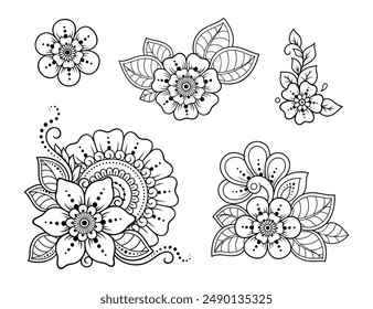 Set of Mehndi flower pattern for Henna drawing and tattoo. Decoration in ethnic oriental, Indian style. Doodle ornament. Outline hand draw vector illustration.