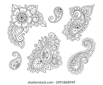 Conjunto de patrón de flores de Mehndi para el dibujo y tatuaje de Henna. Decoración oriental étnica, estilo indio. Adorno de garabato. Ilustración vectorial de dibujo a mano.