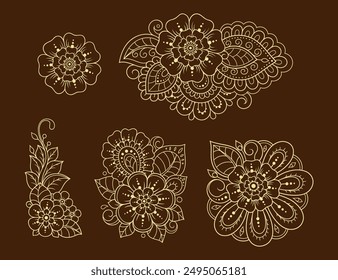 Set of Mehndi flower pattern for Henna drawing and tattoo. Decoration in ethnic oriental, Indian style. Doodle ornament. Outline hand draw vector illustration.