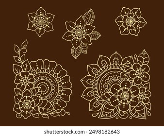 Set of Mehndi flower pattern for Henna drawing and tattoo. Decoration in ethnic oriental, Indian style. Doodle ornament. Outline hand draw vector illustration.