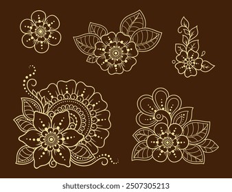 Set of Mehndi flower pattern for Henna drawing and tattoo. Decoration in ethnic oriental, Indian style. Doodle ornament. Outline hand draw vector illustration.