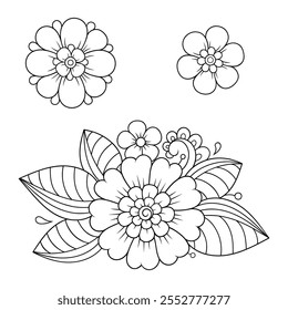 Set of Mehndi flower pattern for Henna drawing and tattoo. Decoration in ethnic oriental, Indian style. Doodle ornament. Outline hand draw vector illustration.
