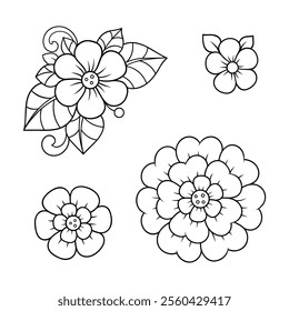 Set of Mehndi flower pattern for Henna drawing and tattoo. Decoration in ethnic oriental, Indian style. Doodle ornament. Outline hand draw vector illustration.