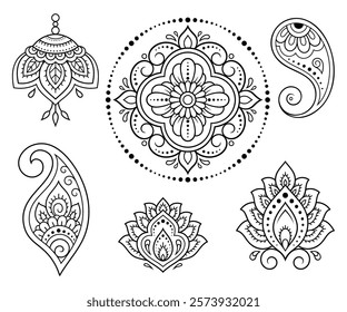 Set of Mehndi flower pattern for Henna drawing and tattoo. Decoration in ethnic oriental, Indian style. Doodle ornament. Outline hand draw vector illustration.