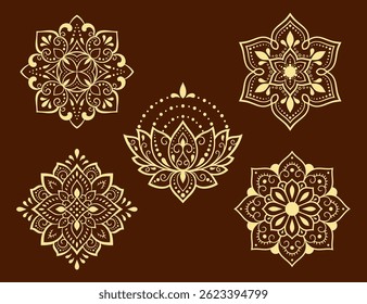 Conjunto de padrão de flores Mehndi para Henna desenho e tatuagem. Decoração em estilo étnico oriental, indiano. Doodle ornamento. Ilustração vetorial de desenho à mão do contorno.