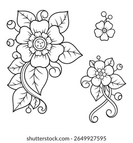 Set of Mehndi flower pattern for Henna drawing and tattoo. Decoration in ethnic oriental, Indian style. Doodle ornament. Outline hand draw vector illustration.
