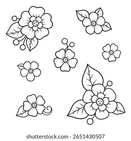 Set of Mehndi flower pattern for Henna drawing and tattoo. Decoration in ethnic oriental, Indian style. Doodle ornament. Outline hand draw vector illustration.