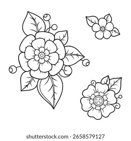 Conjunto de patrón de flores de Mehndi para Henna dibujo y tatuaje. Decoración en estilo étnico oriental, indio. Ornamento de Doodle. Esquema de la Ilustración vectorial de dibujo a mano.