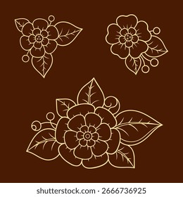 Set of Mehndi flower pattern for Henna drawing and tattoo. Decoration in ethnic oriental, Indian style. Doodle ornament. Outline hand draw vector illustration.