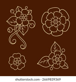 Set von Mehndi Blumenmuster für Henna Zeichnung und Tätowierung. Dekoration im orientalischen, indischen Stil. Doodle-Ornament. Kontur handgezeichnete Vektorgrafik.