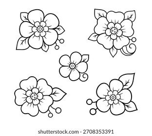 Conjunto de patrón de flores de Mehndi para Henna dibujo y tatuaje. Decoración en estilo étnico oriental, indio. Ornamento de Doodle. Esquema de la Ilustración vectorial de dibujo a mano.
