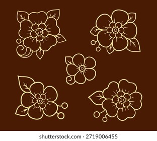 Set von Mehndi Blumenmuster für Henna Zeichnung und Tätowierung. Dekoration im orientalischen, indischen Stil. Doodle-Ornament. Kontur handgezeichnete Vektorgrafik.
