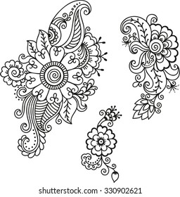 Set of Mehndi flower pattern for Henna drawing and tattoo. Decoration in ethnic oriental, Indian style.