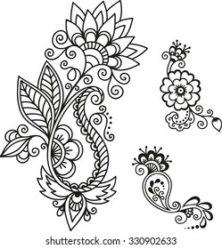 Set of Mehndi Flower Pattern for Henna Drawing and Tattoo. Decoration in  Ethnic Oriental, Indian Style Stock Illustration - Illustration of border,  drawing: 196681278