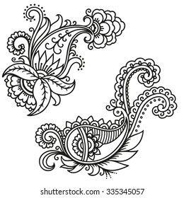Set of Mehndi flower pattern for Henna drawing and tattoo. Decoration in ethnic oriental, Indian style.