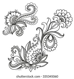 Set of Mehndi flower pattern for Henna drawing and tattoo. Decoration in ethnic oriental, Indian style.