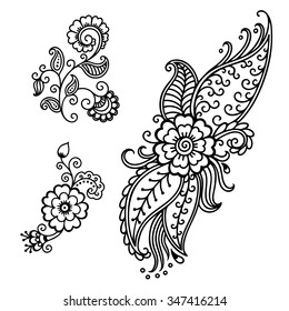 Set of Mehndi flower pattern for Henna drawing and tattoo. Decoration in ethnic oriental, Indian style.