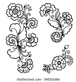 Set of Mehndi flower pattern for Henna drawing and tattoo. Decoration in ethnic oriental, Indian style.